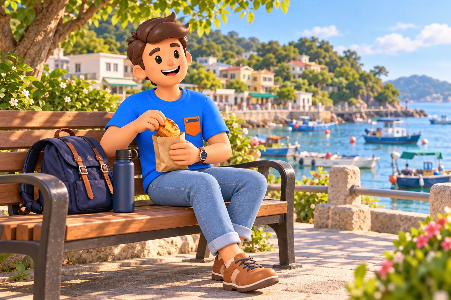 Traveller enjoying a pastry break on a bench beside an island bay