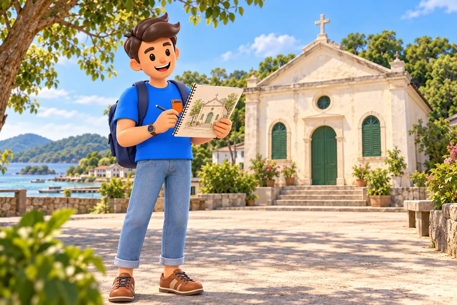 Voyageur dessinant une petite chapelle insulaire aux volets verts