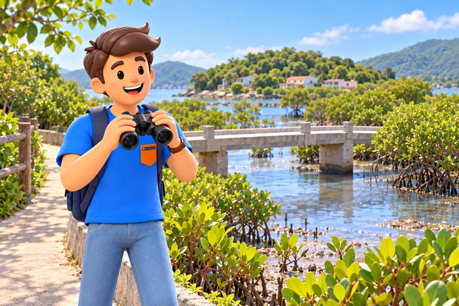 Voyageur avec jumelles près d'un petit pont côtier et de mangroves