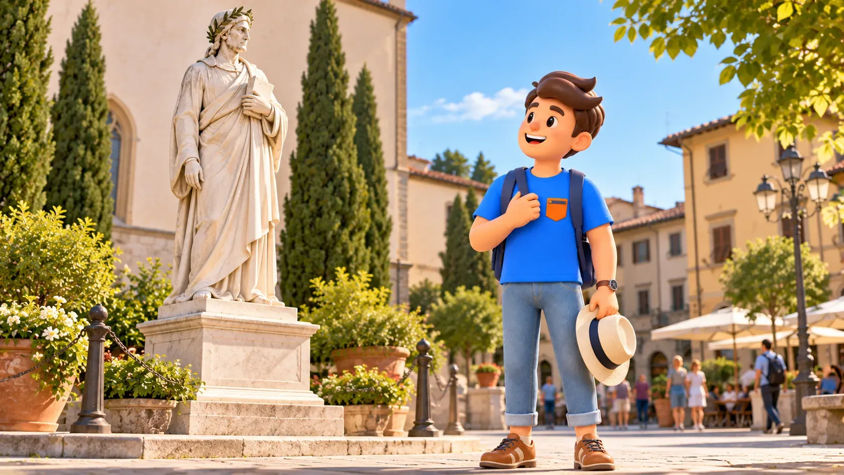Ilustración temática de recuerdo de un poeta junto a una estatua estilizada con túnica larga