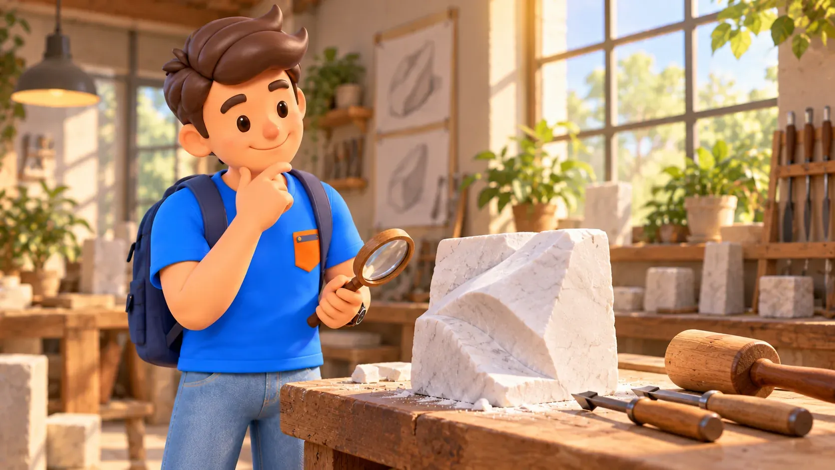 Ilustración temática de estudio del mármol en un taller imaginado, no el de Miguel Ángel