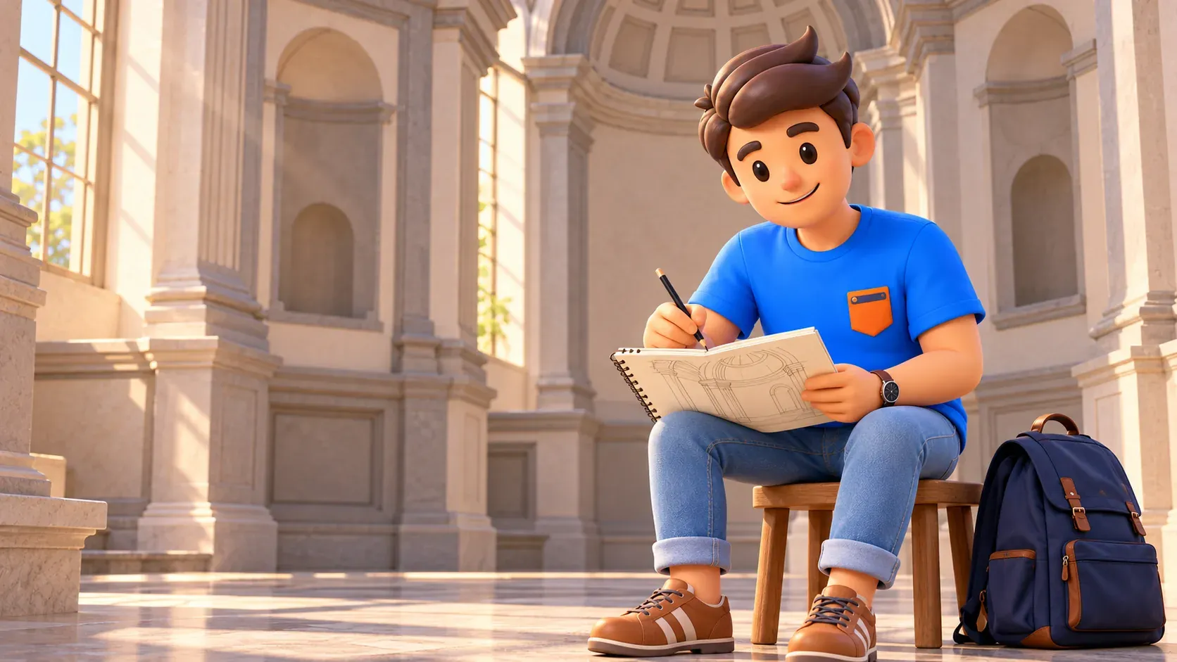 Ilustración temática de un viajero dibujando formas arquitectónicas en un interior imaginado