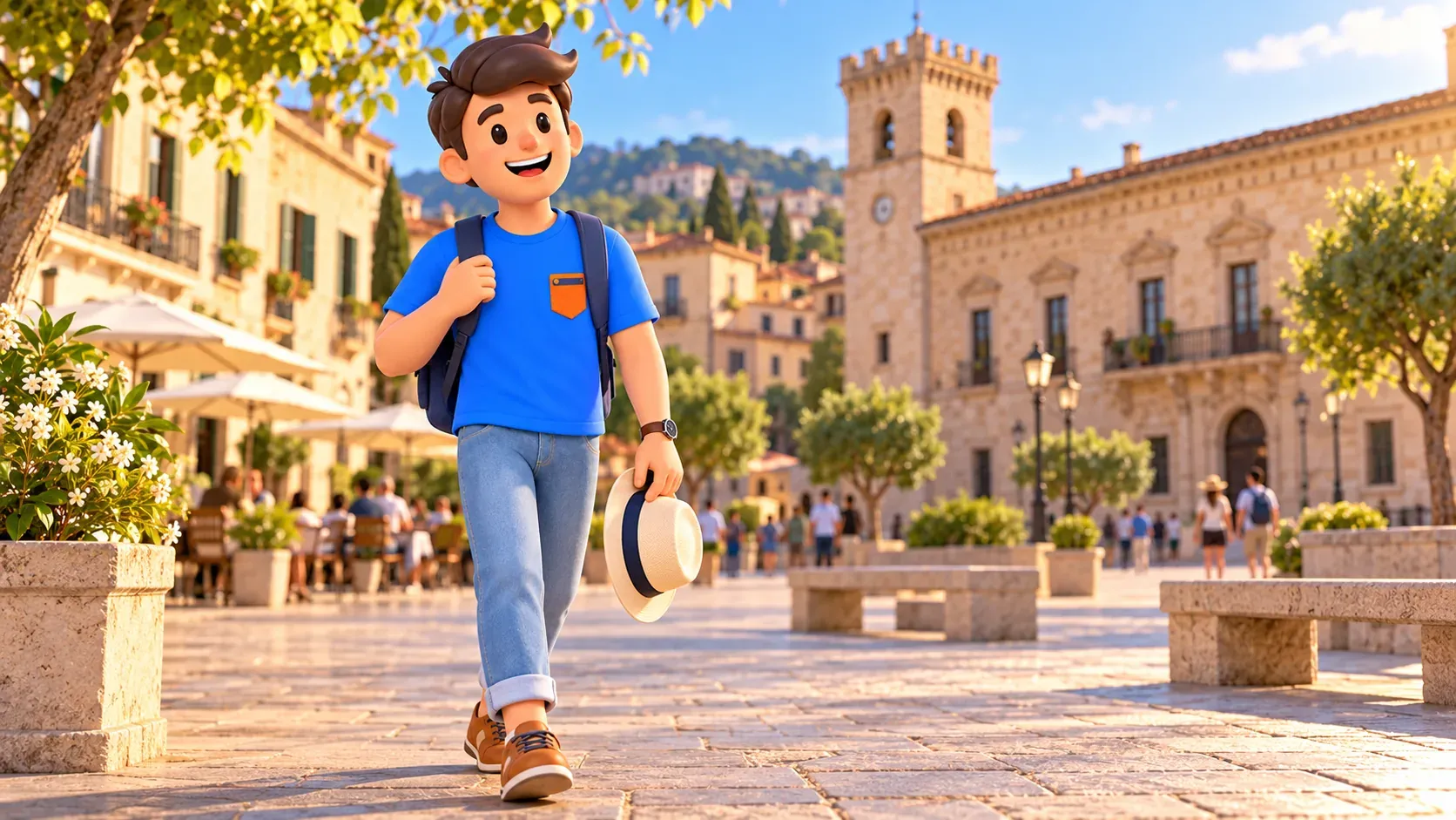 Ilustración temática de un viajero con sombrero paseando por una plaza urbana
