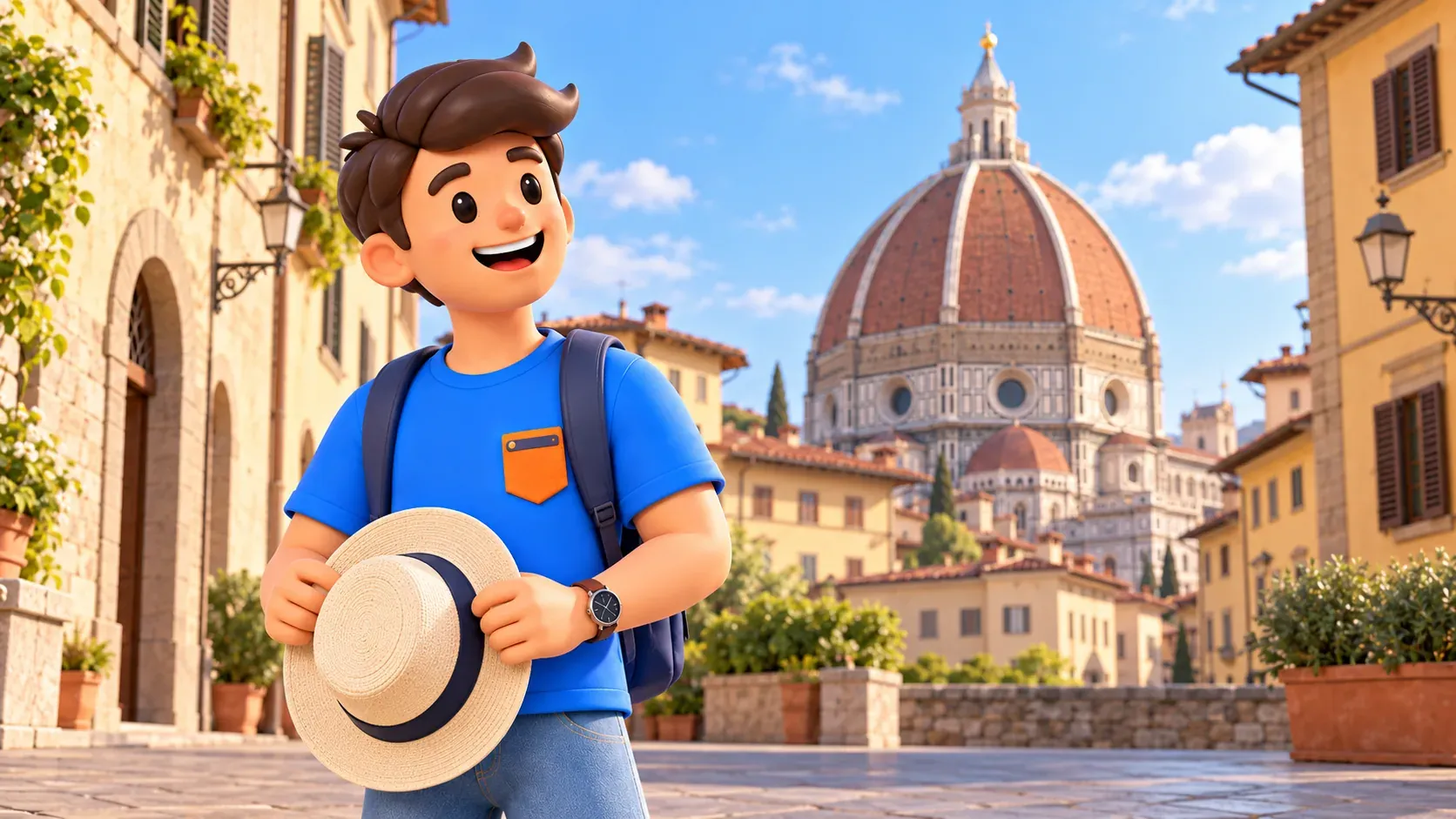 Thematic illustration of a traveler looking at a dome from a citystreet below