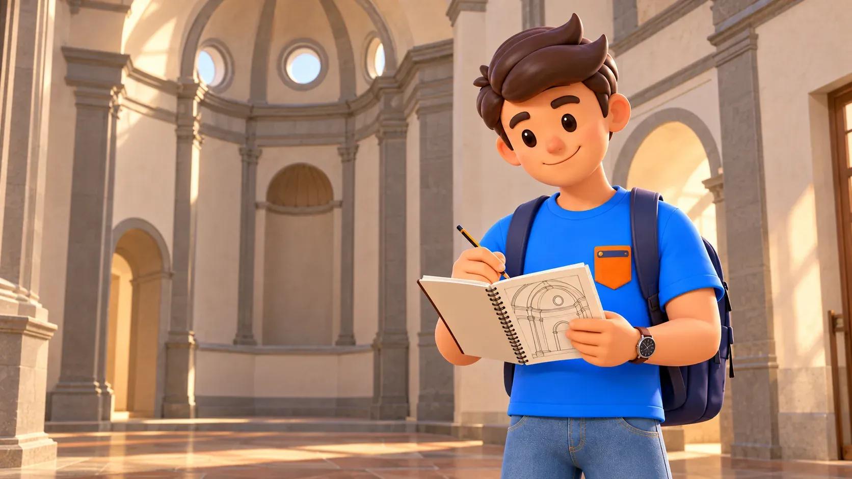 Thematic illustration of a traveler sketching arches and proportions in an imagined interior