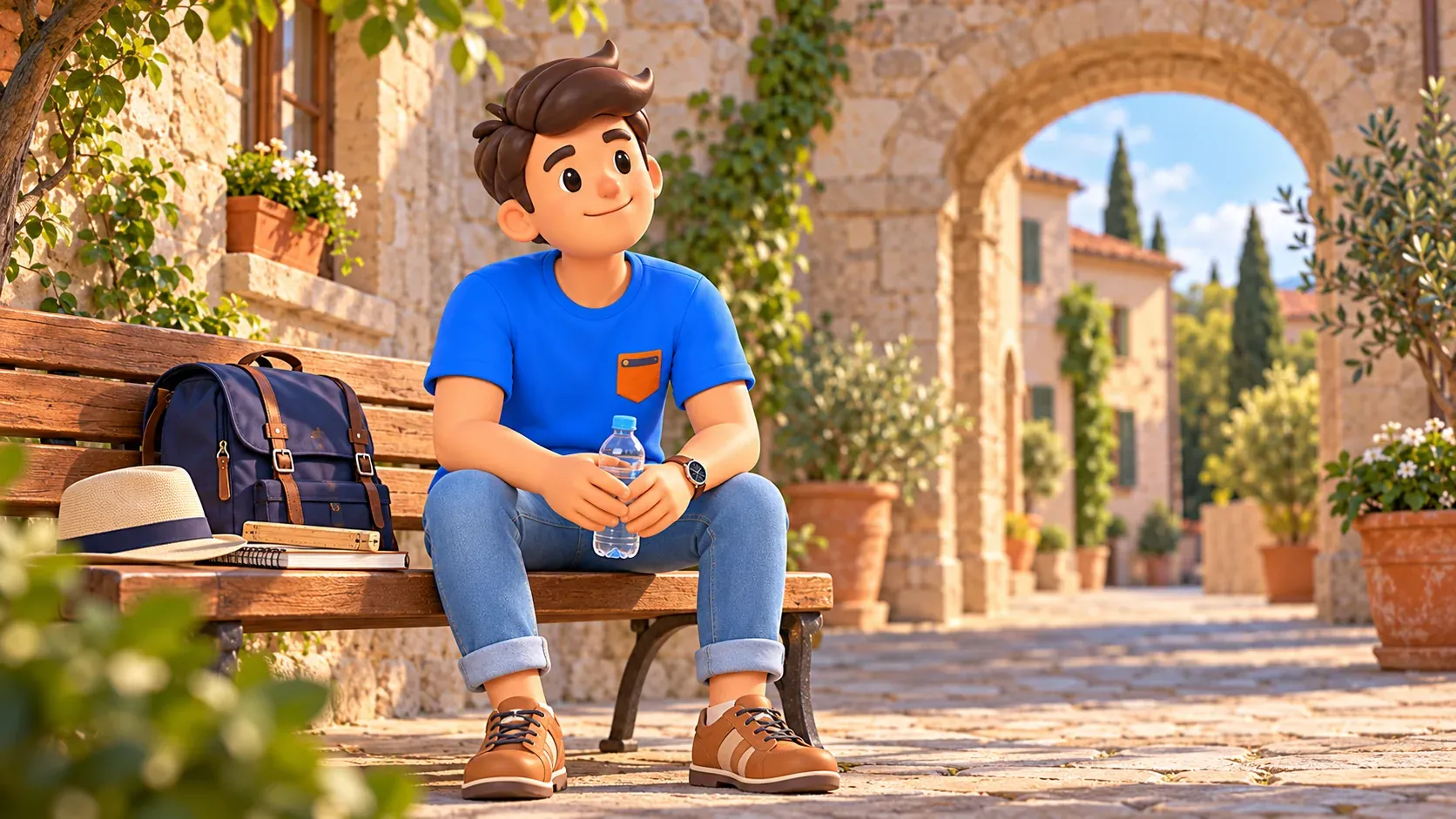 Traveler holding water resting on a bench near a stonearch