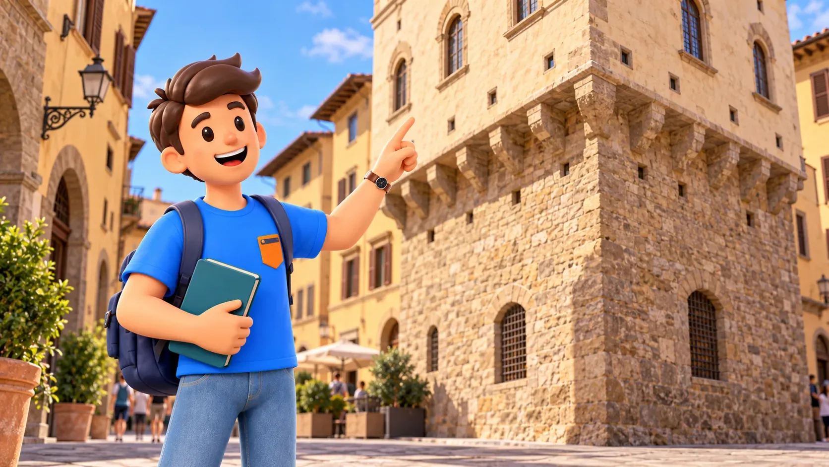 Traveler observing stone corbels and beam holes on a tower facade
