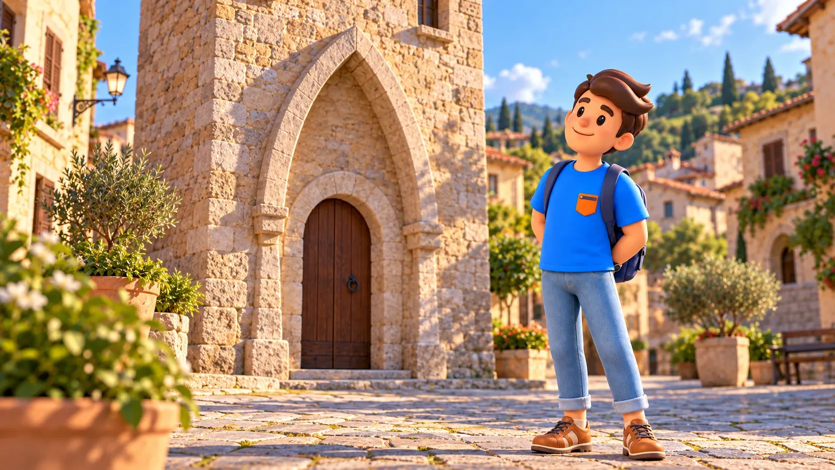 Thematic illustration of a traveler outside an arched stone tower entrance