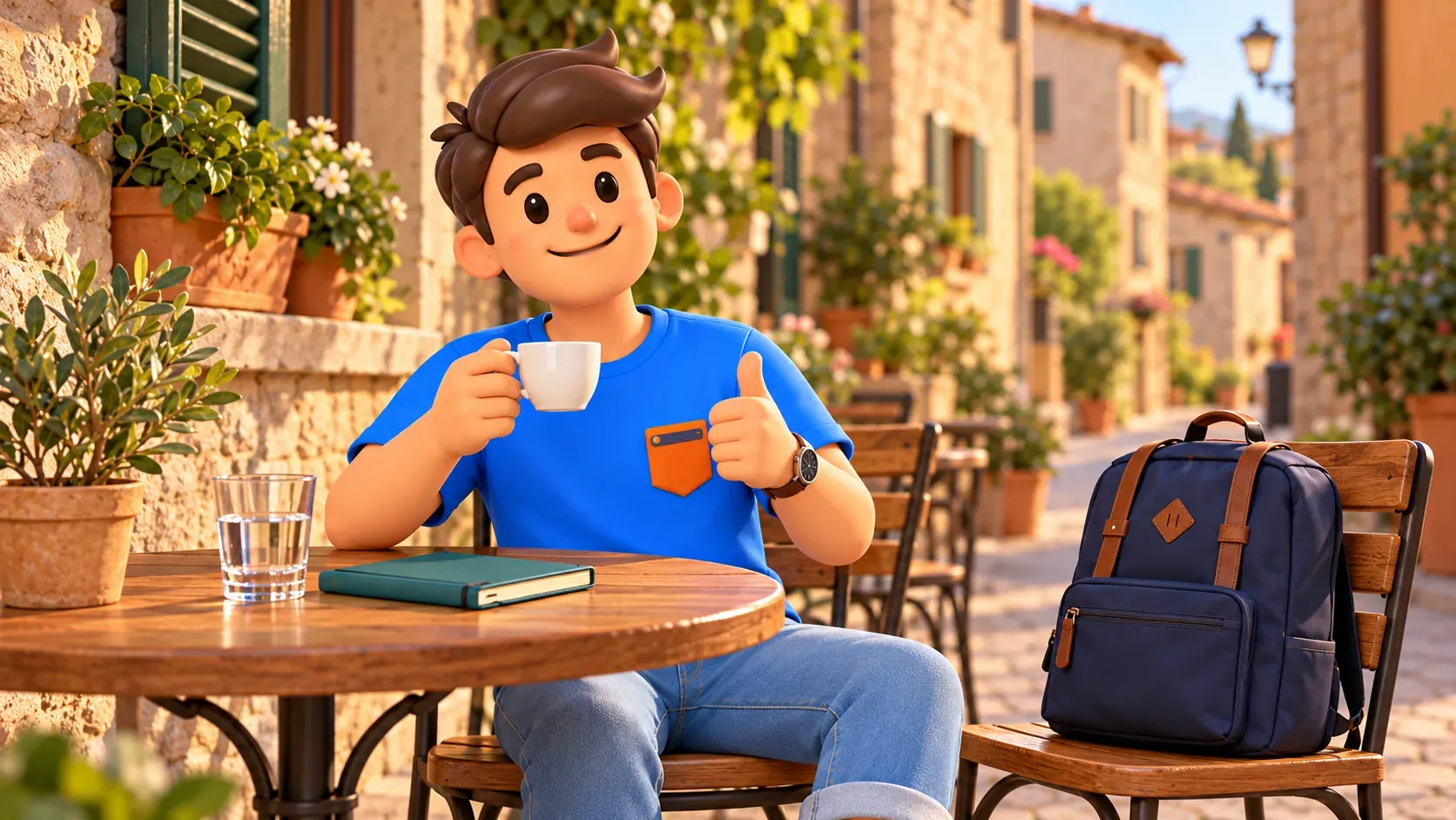 Traveler enjoying a coffee break after an old town walk