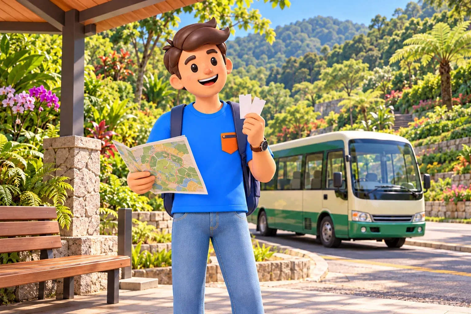 Traveller holding a map and tickets beside a garden shuttle waiting area