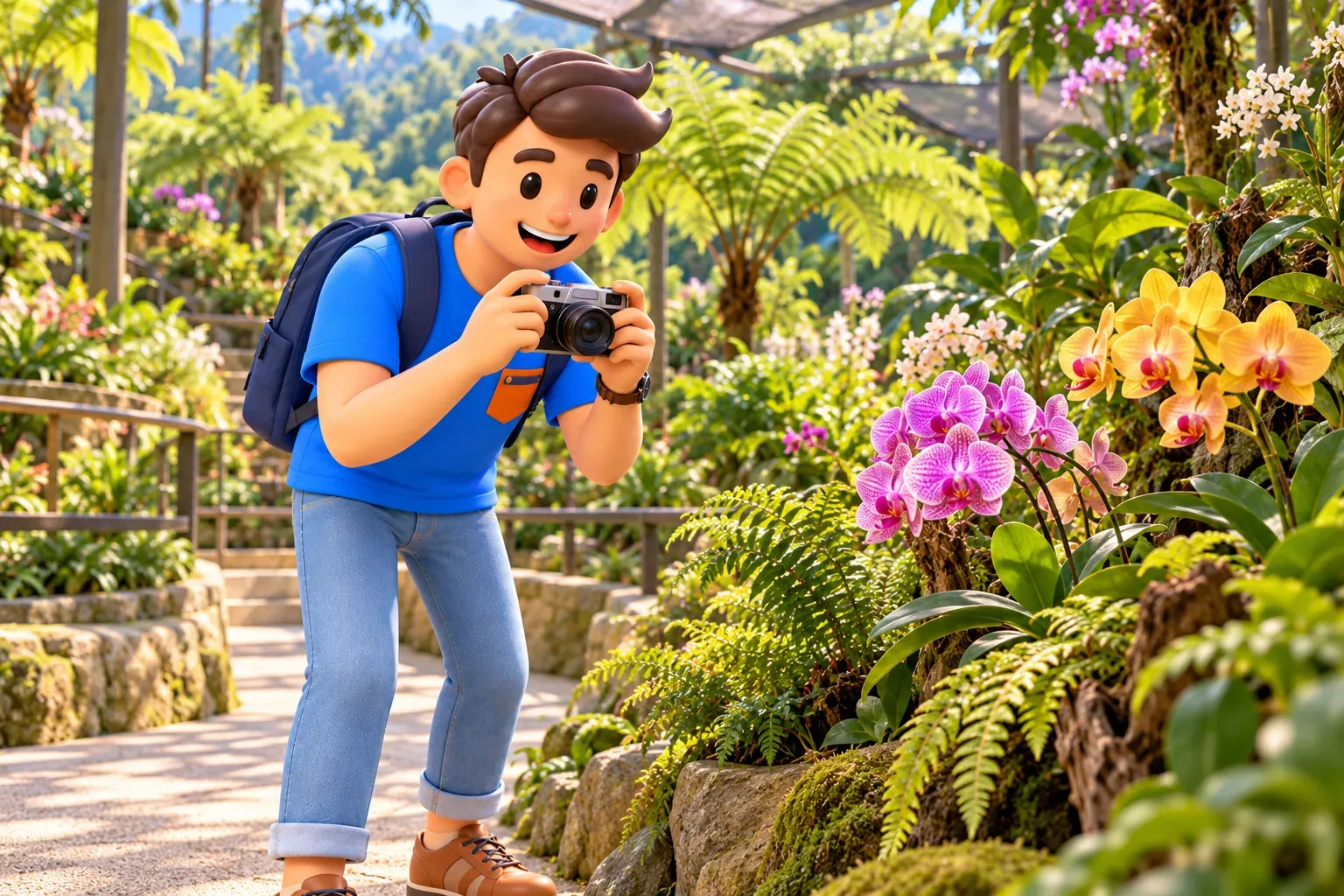 Traveller with a camera observing orchids beside a garden path