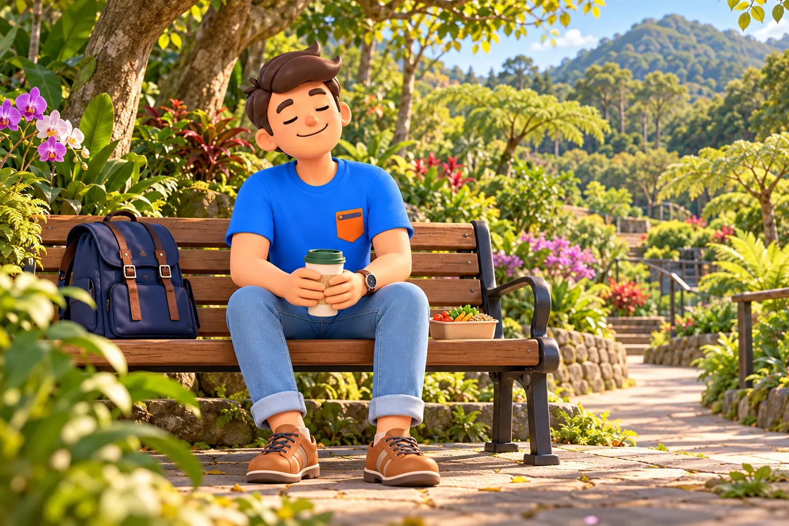 Traveller resting with a cup on a bench among green garden slopes