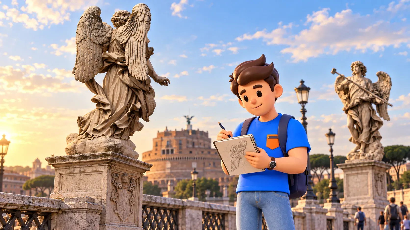 Un voyageur dessine l’aile d’un ange de marbre sur le pont Saint-Ange