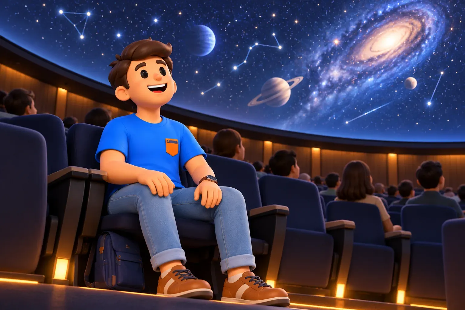 Traveller seated in a planetarium looking at a projected starry sky