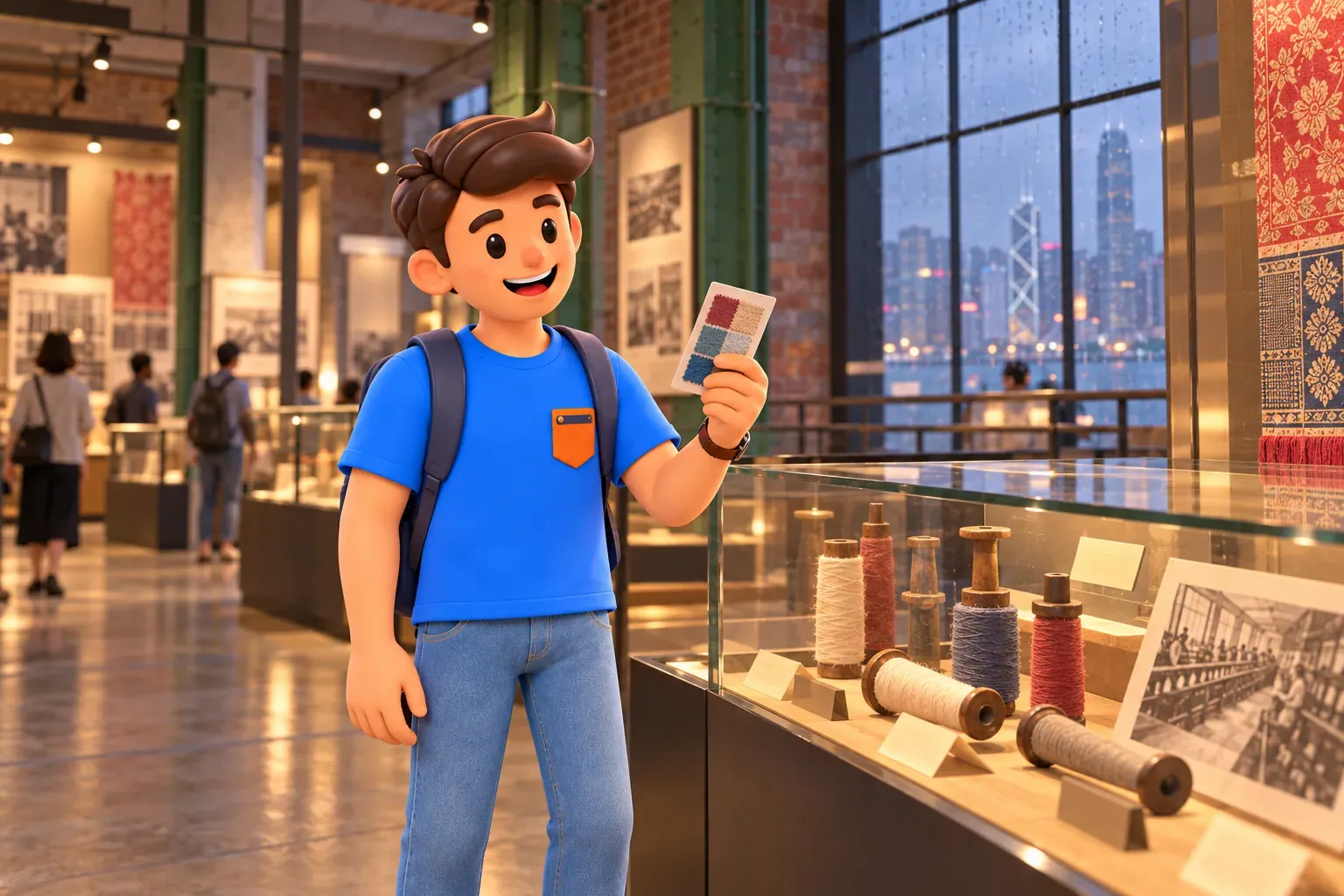 Traveller with a textile sample card beside a display of spinning objects
