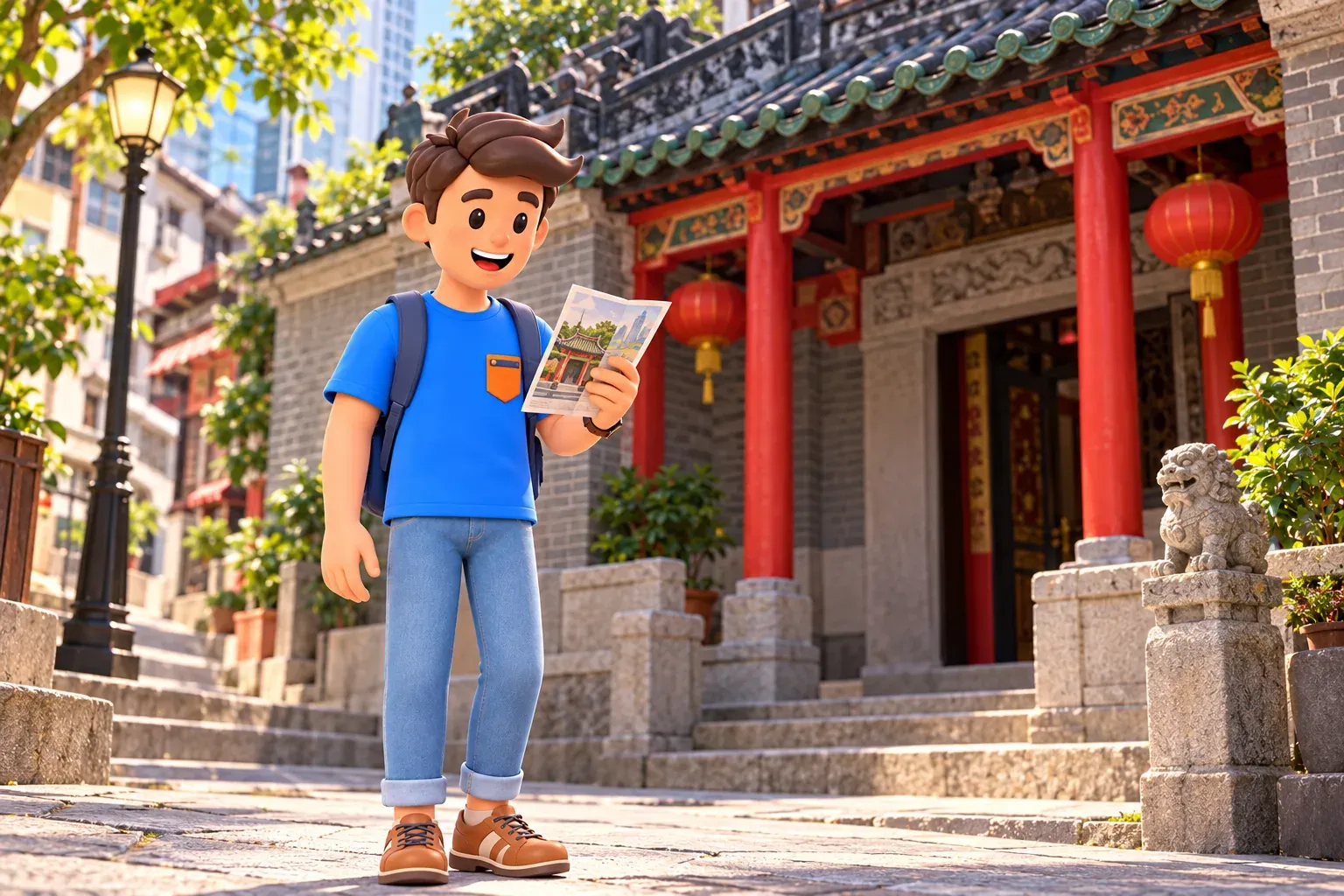Traveller with a leaflet beside a historic temple on a city street
