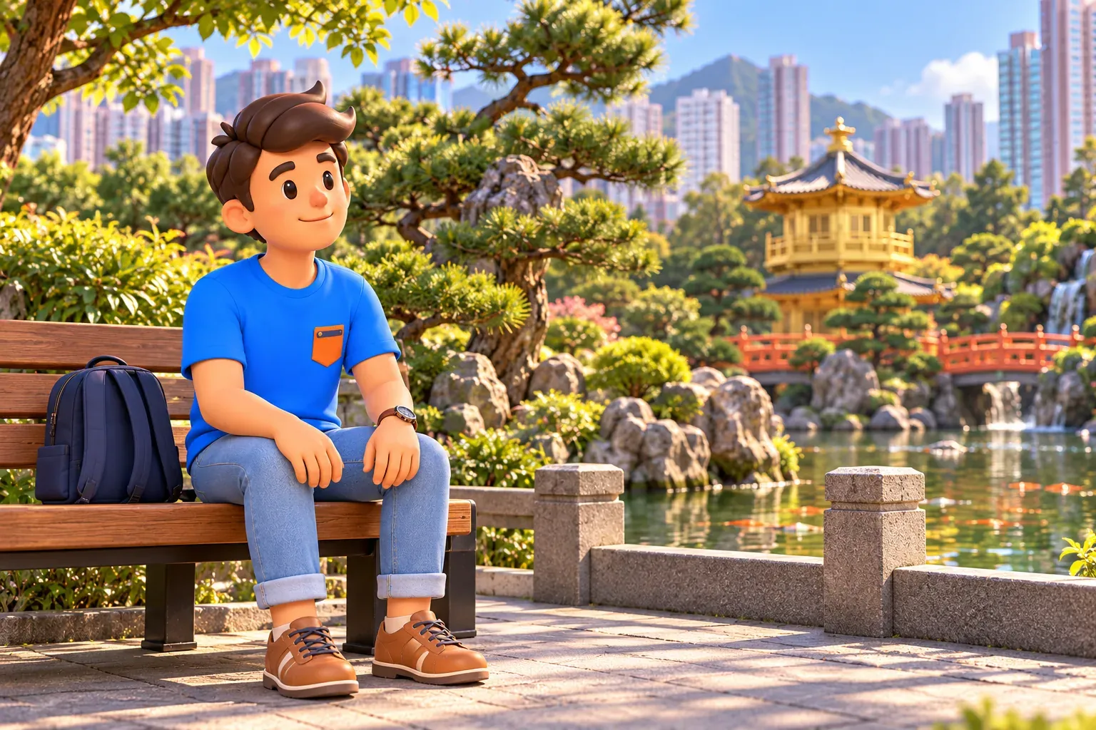 Traveller sitting quietly beside a pond in a modern Tang-style garden
