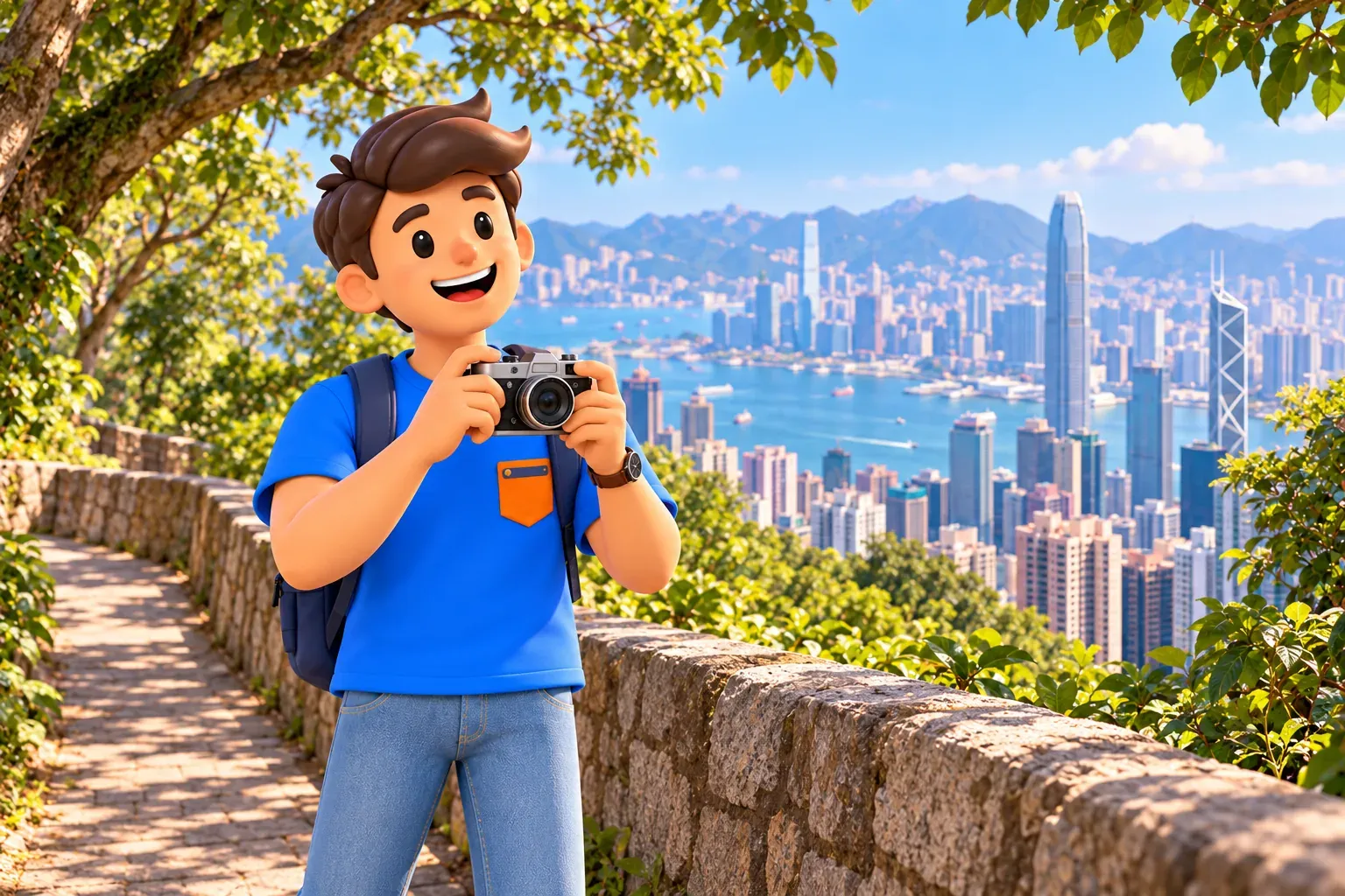 Traveller holding a camera behind a hillside path parapet with harbour views