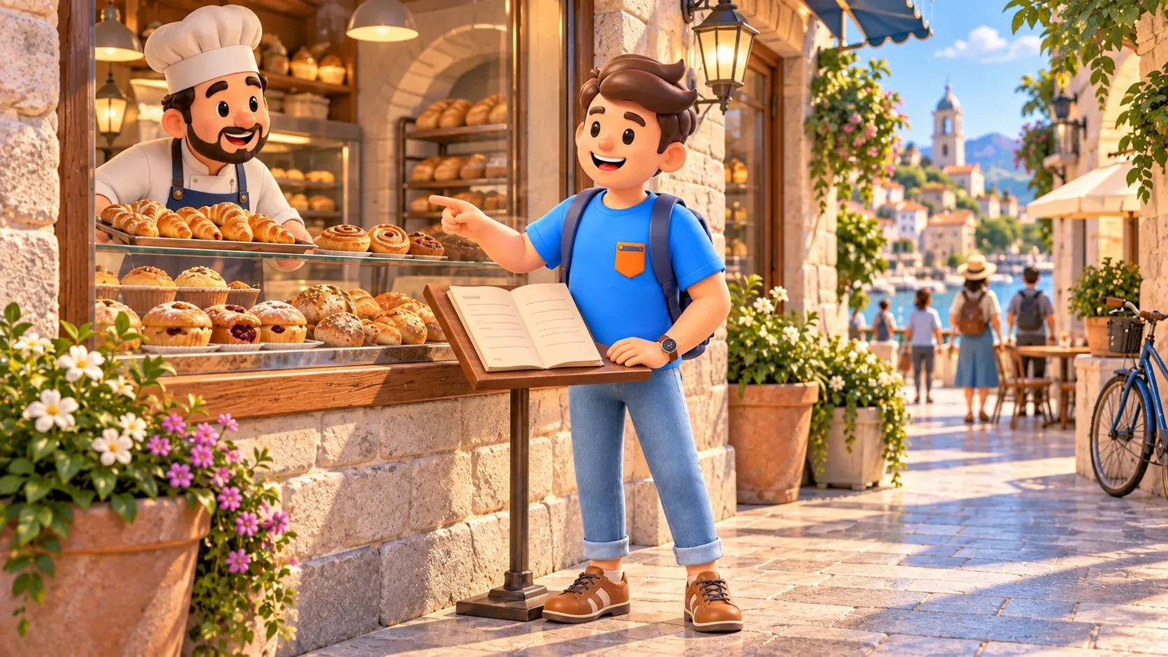 Traveller checks a bakery menu and asks the baker about the pastries on display