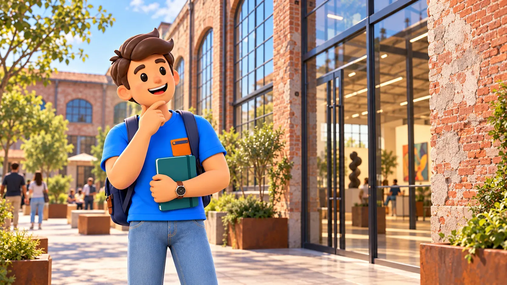 Thematic illustration of a traveler comparing an old brick wall and a new glass entrance