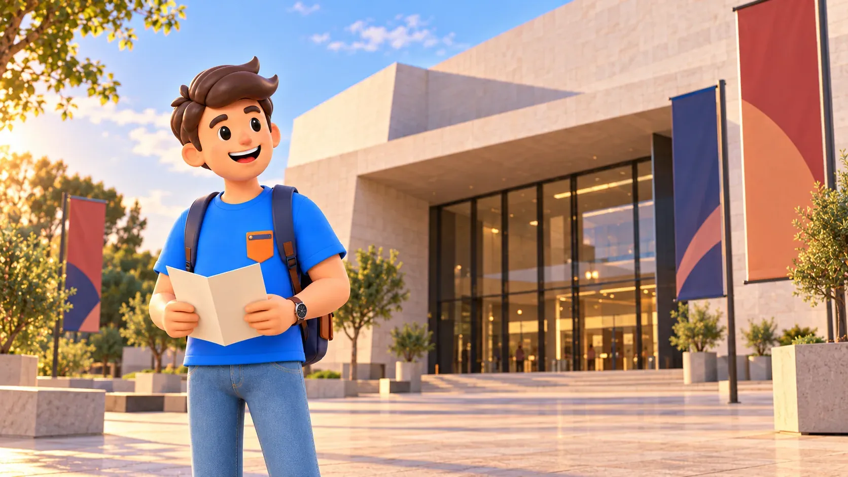 Thematic illustration of a traveler with a programme outside an imagined contemporary theatre