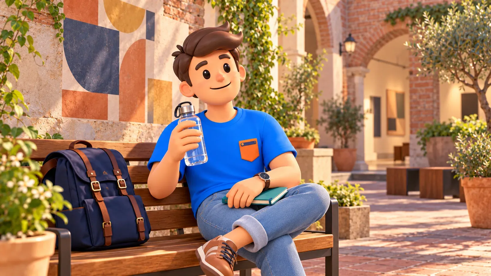 Thematic illustration of a traveler with water resting in a cultural courtyard