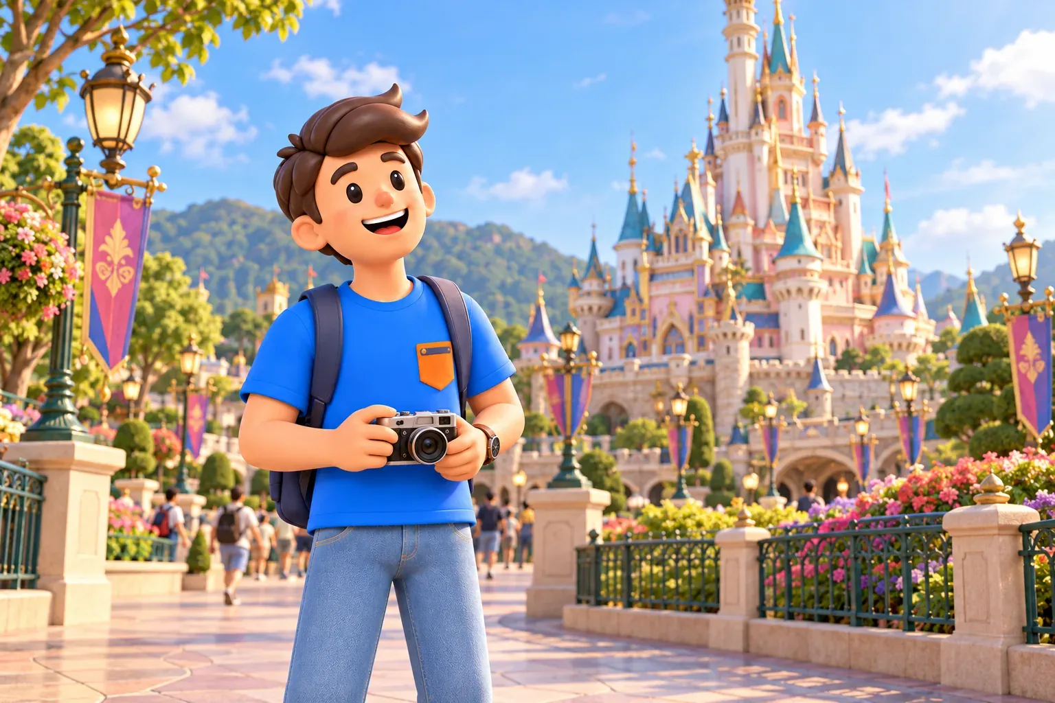 Voyageur avec un appareil photo admirant un château de conte devant des collines vertes