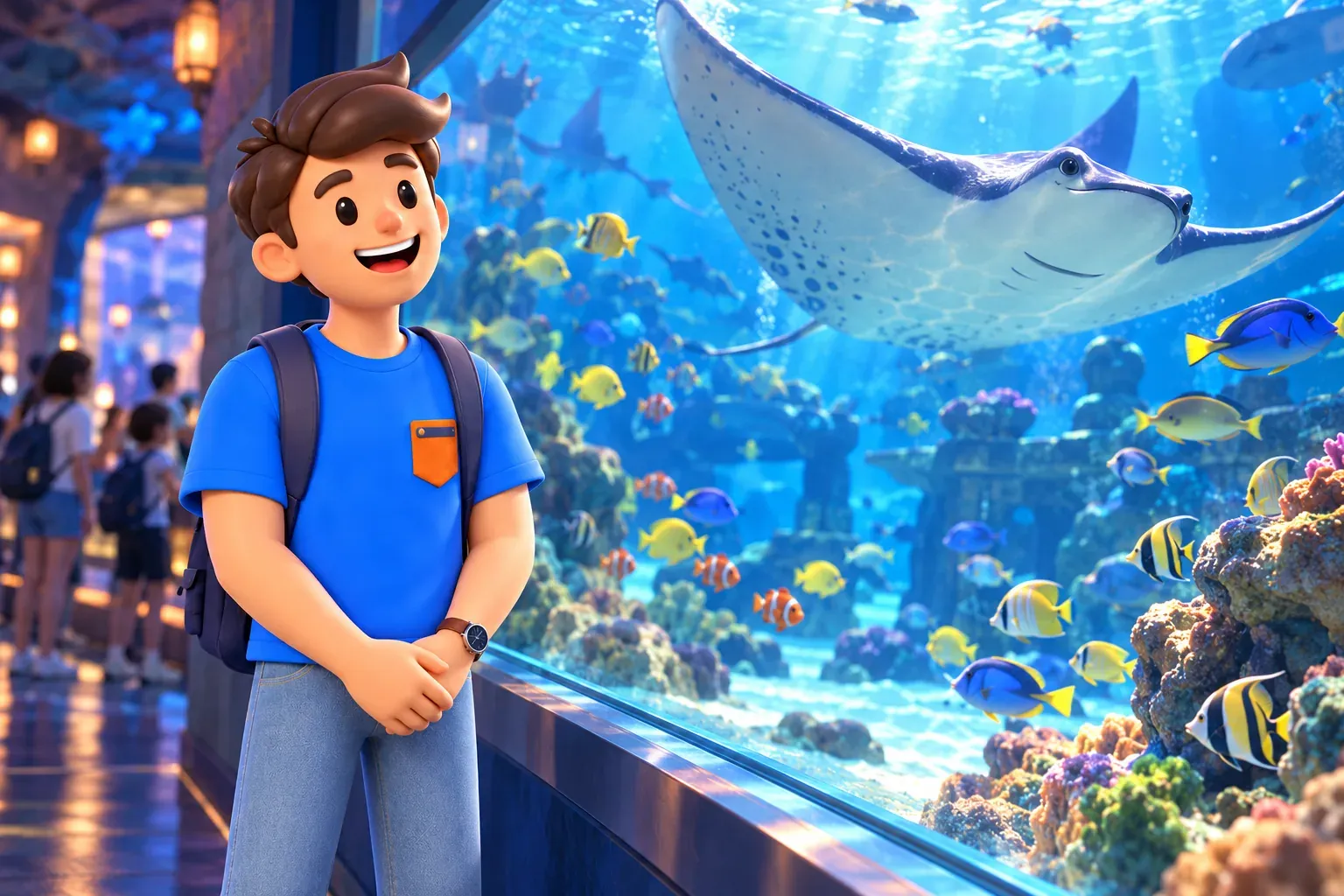 Voyageur observant poissons et raie à travers une grande vitre d’aquarium