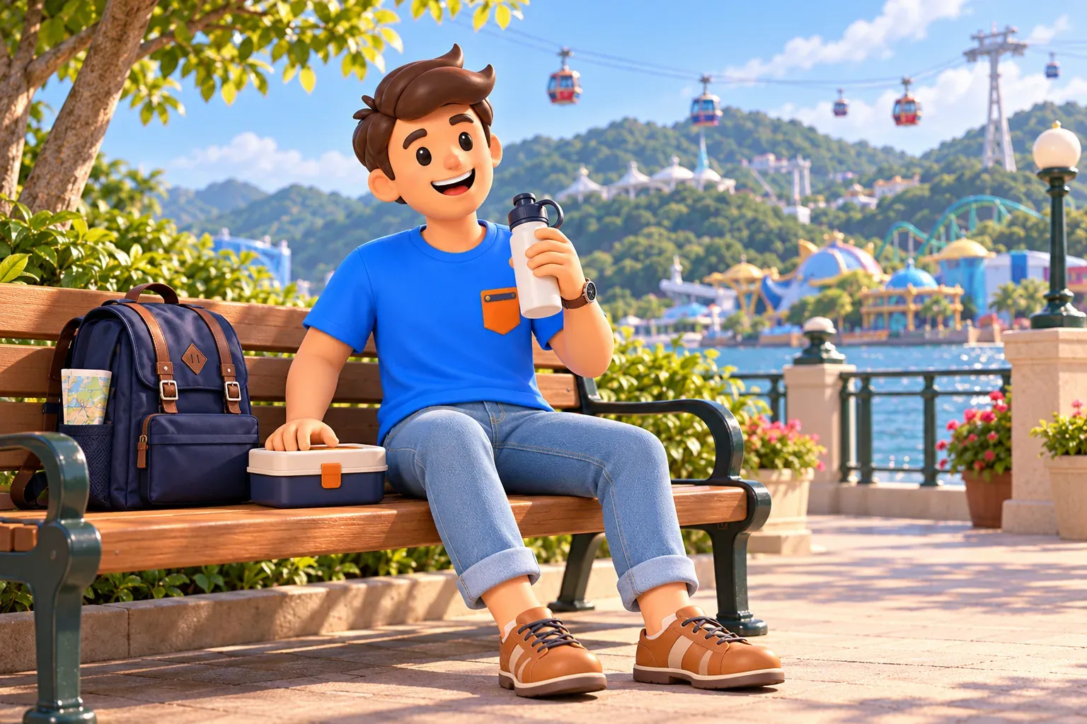 Voyageur se reposant avec une gourde sur un banc devant des collines et un téléphérique