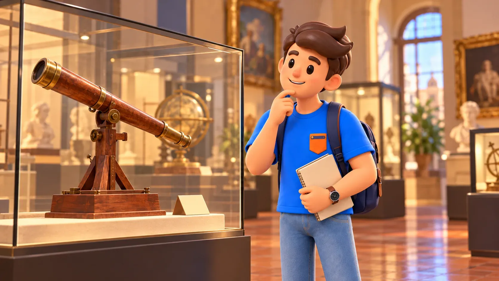 Ilustración temática de un viajero ante un telescopio antiguo imaginado en vitrina