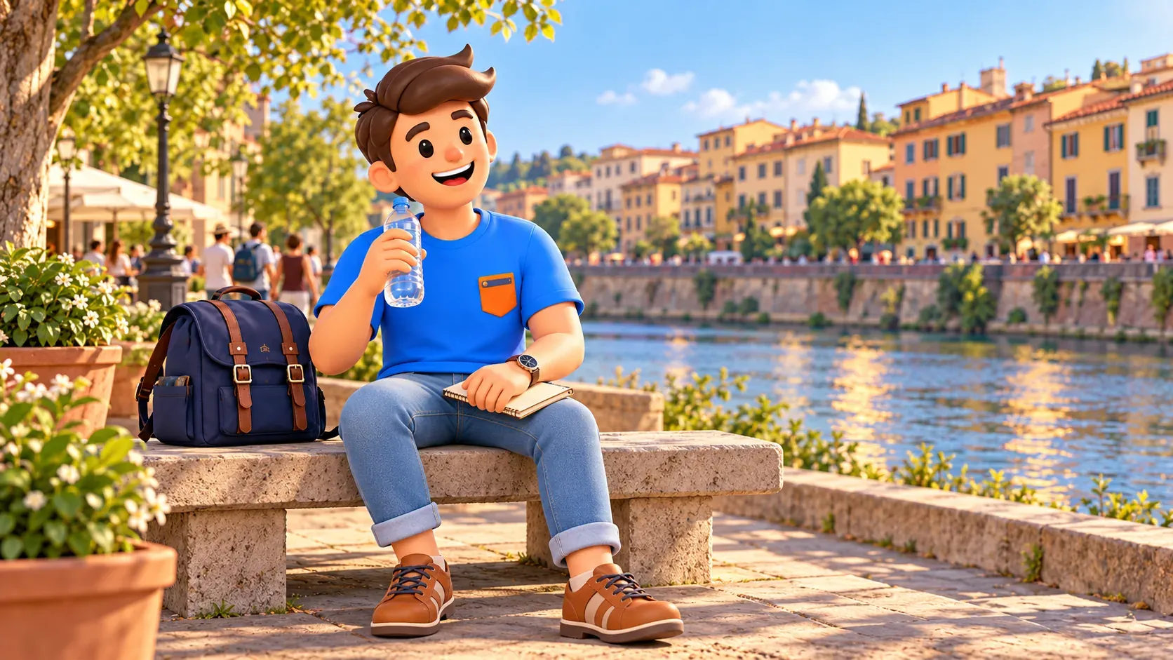 Ilustración temática de un viajero con agua descansando junto a un río tras una visita de museo