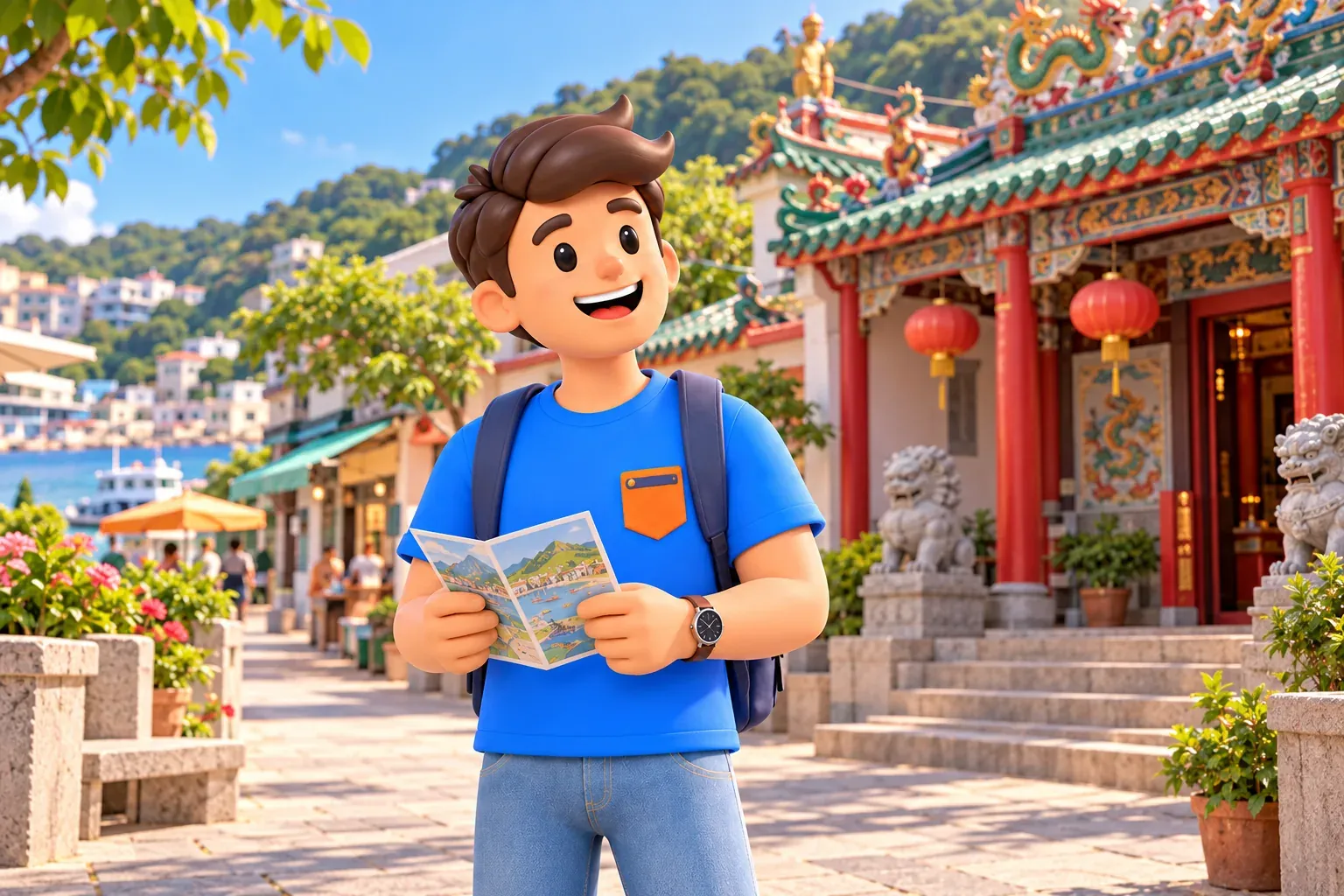 Traveller with a leaflet outside a traditional temple in an island village