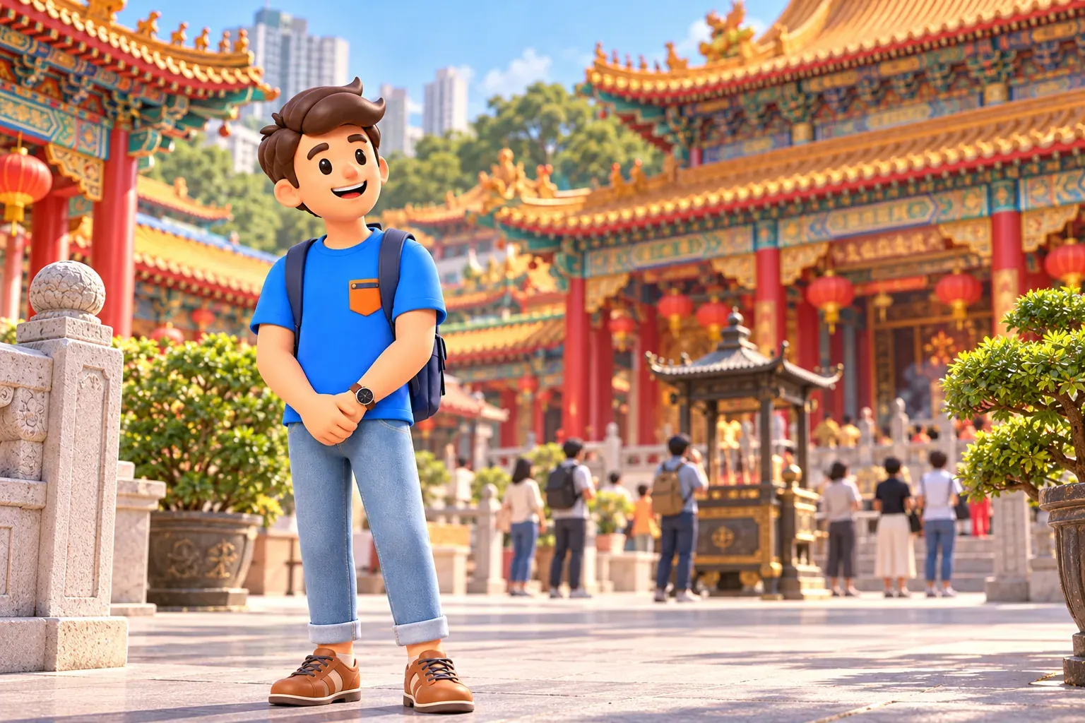 Traveller quietly observing activity in a large temple courtyard