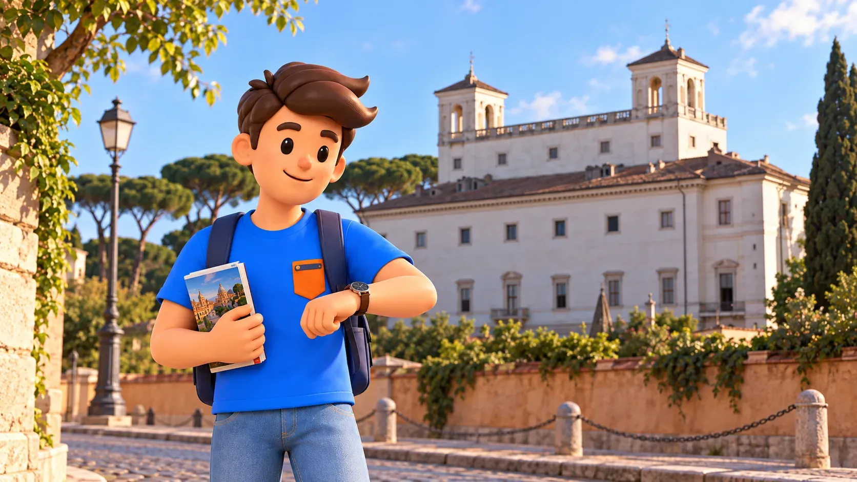 A traveller checks his watch before Villa Medici’s street-facing façade