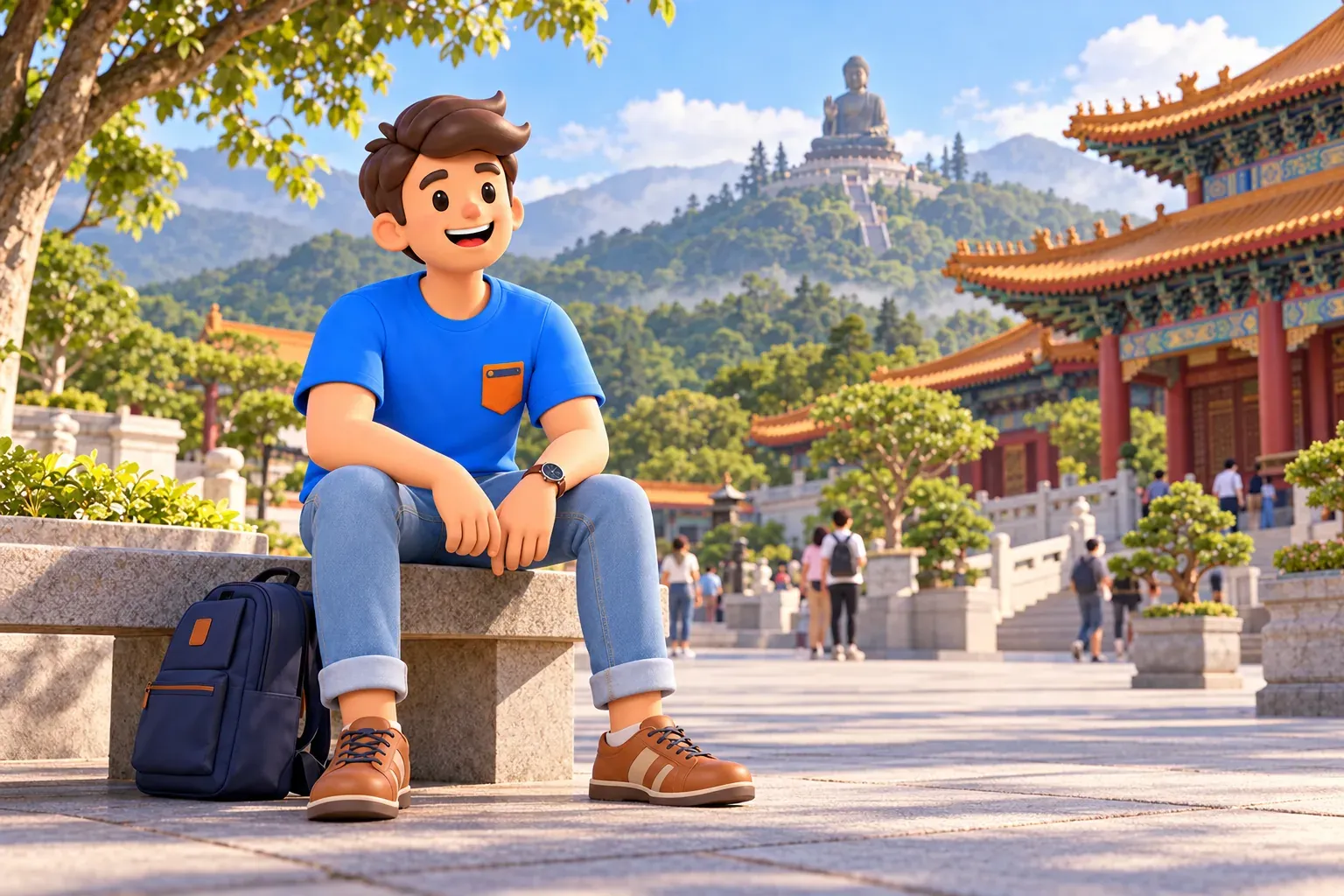 Traveller resting beside a monastery plaza with hills and a distant Buddha statue