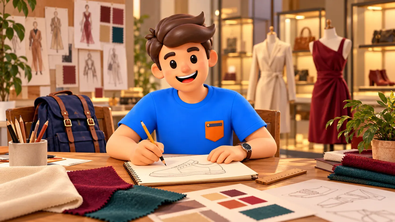 Thematic illustration of a traveler sketching a shoe beside fabric swatches