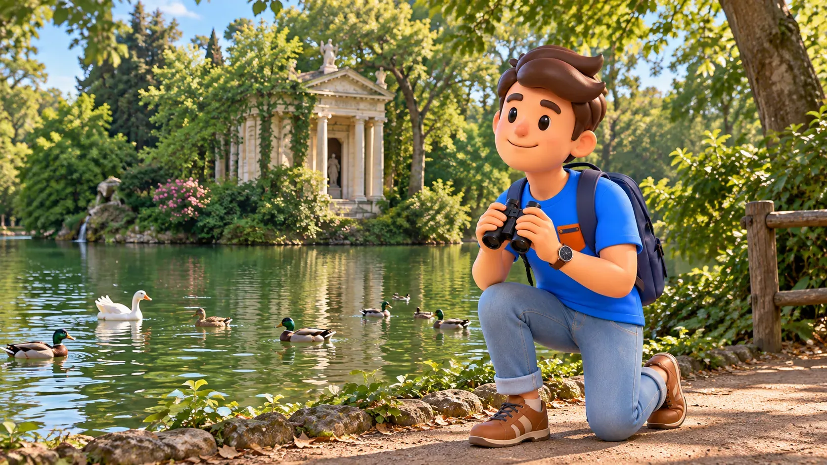 A traveller holds binoculars while observing birds by the lake and Temple of Asclepius