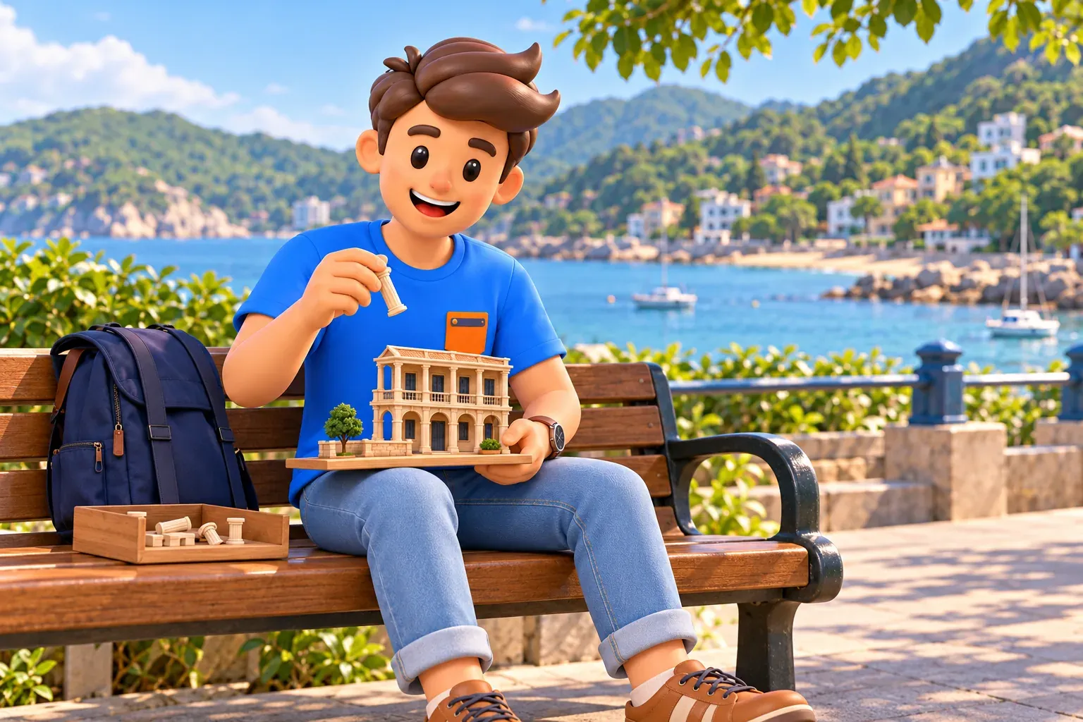 Voyageur assemblant une petite maquette conceptuelle en bois sur un banc près de la mer