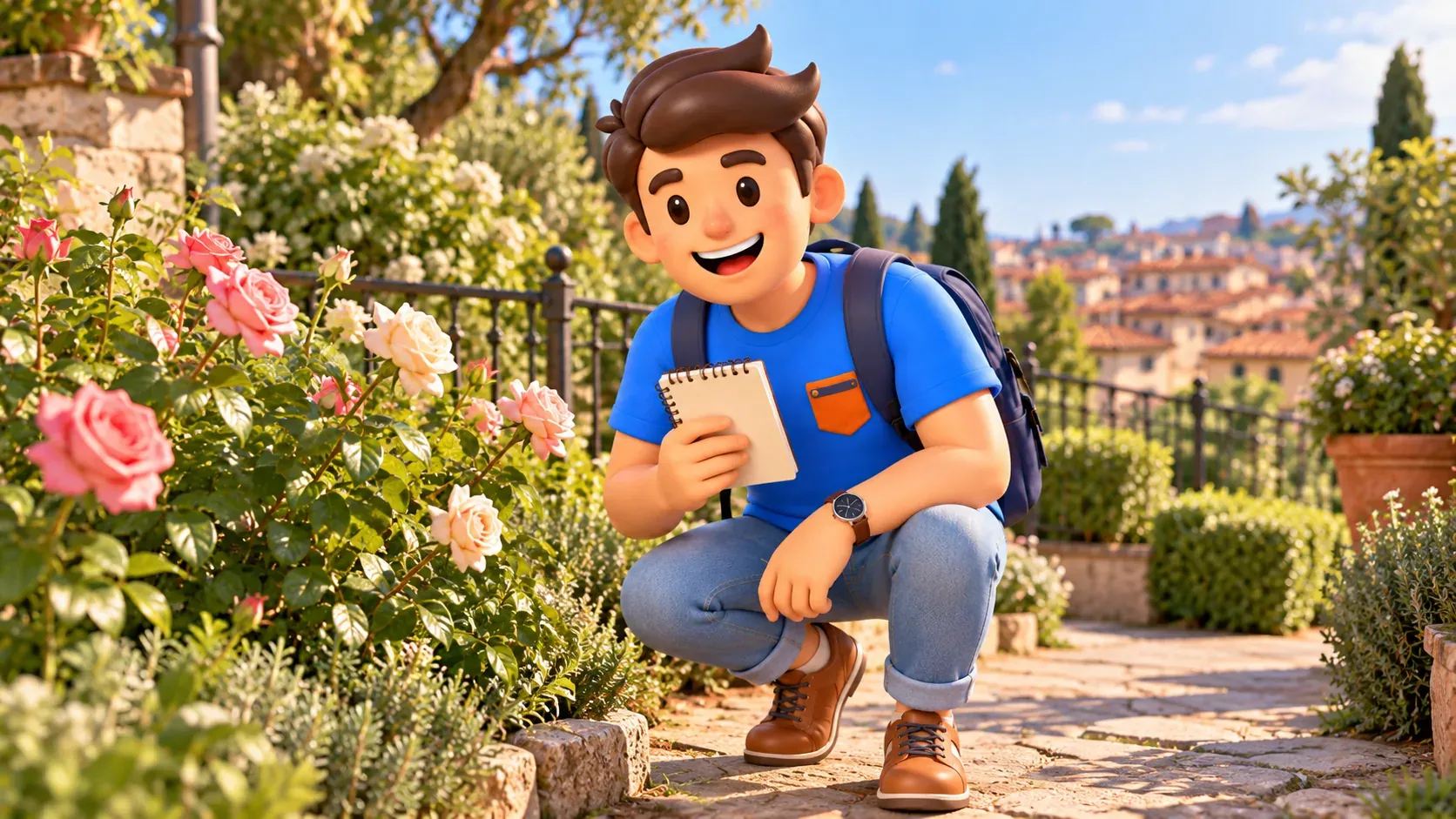 Thematic illustration: observing roses in a garden above rooftops