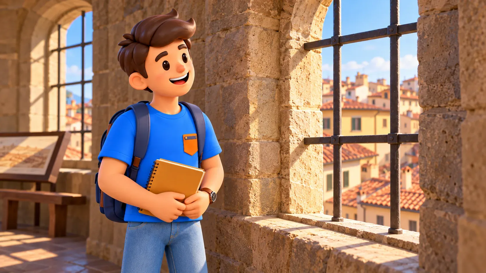 Thematic illustration: traveler beside a window in an imagined historic building