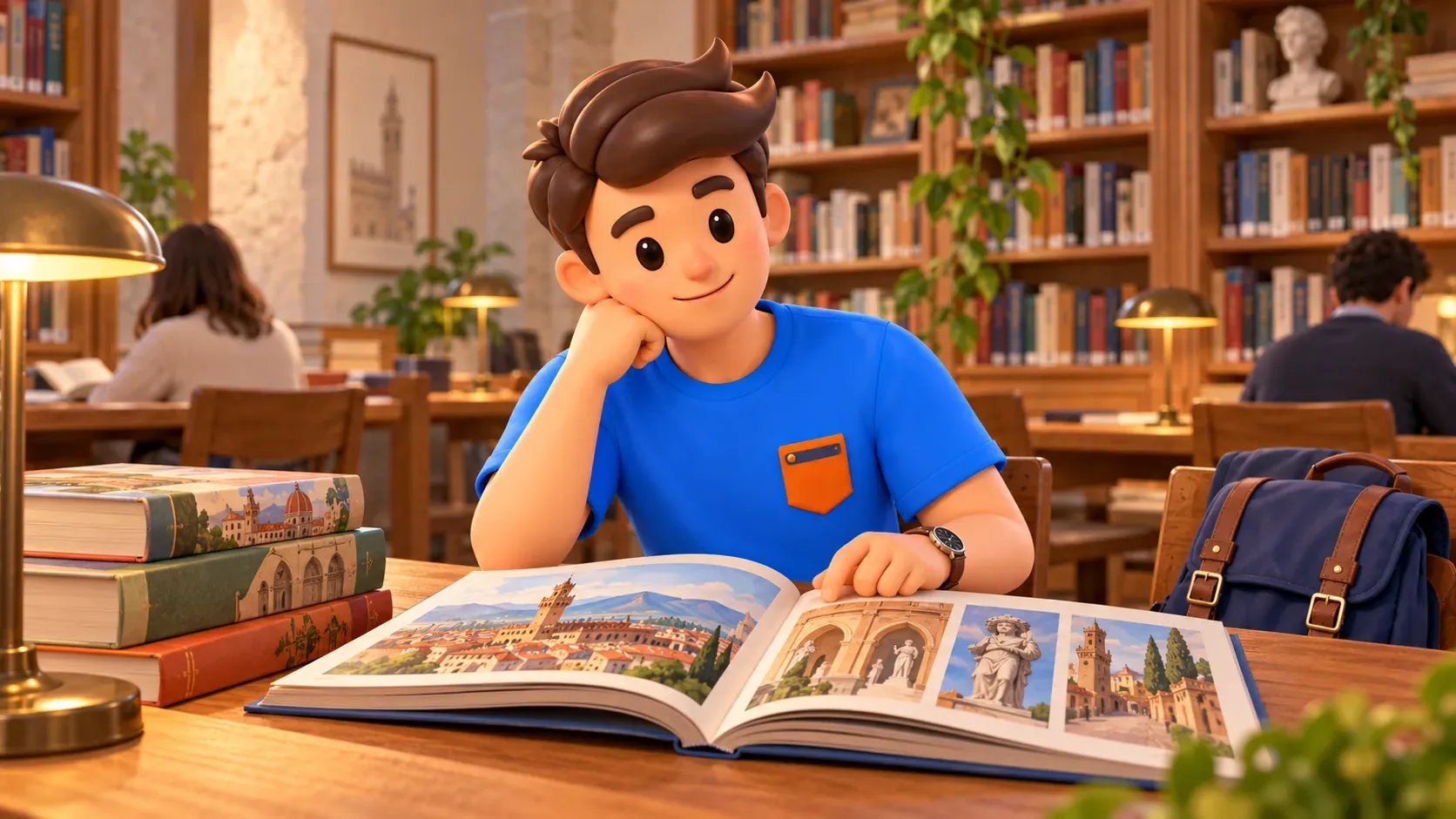 Thematic illustration: traveler with an open picture book in an imagined library