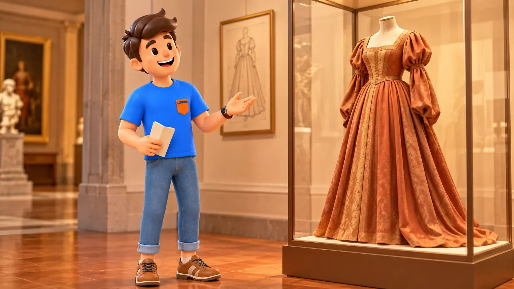 Ilustración temática: viajero mirando un vestido histórico imaginado