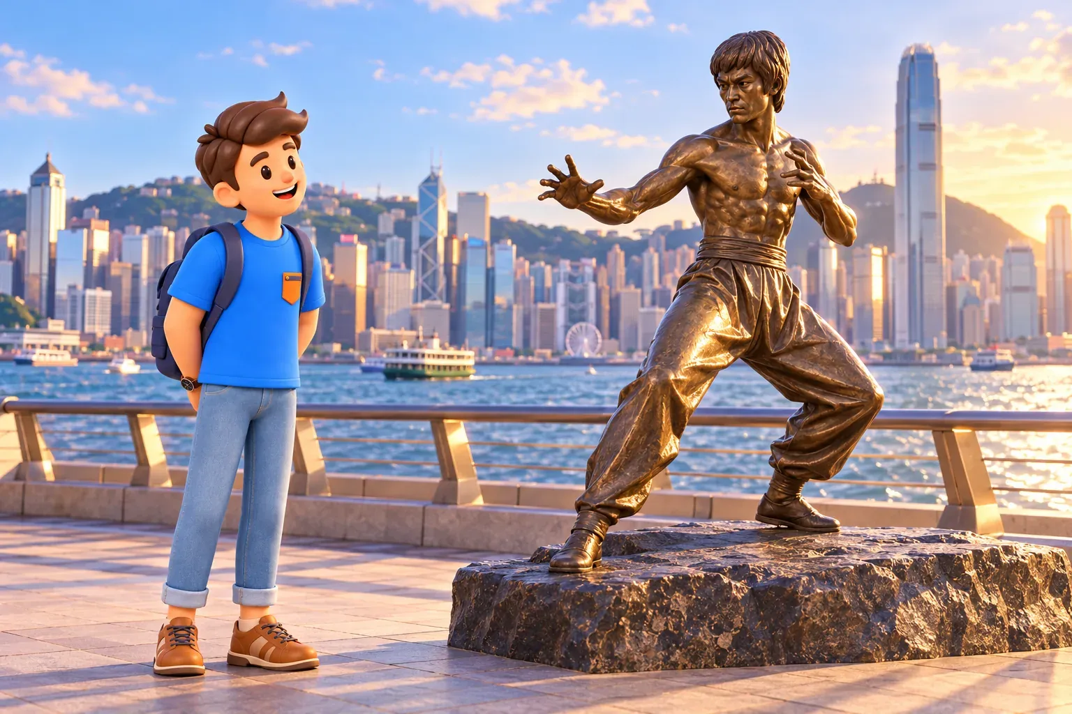 Un voyageur observe un monument en bronze à Bruce Lee