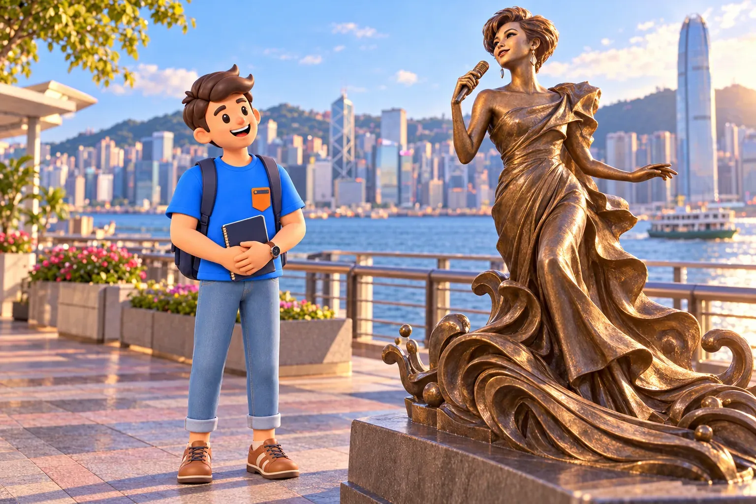 Un voyageur près d’une interprétation illustrée du monument à Anita Mui