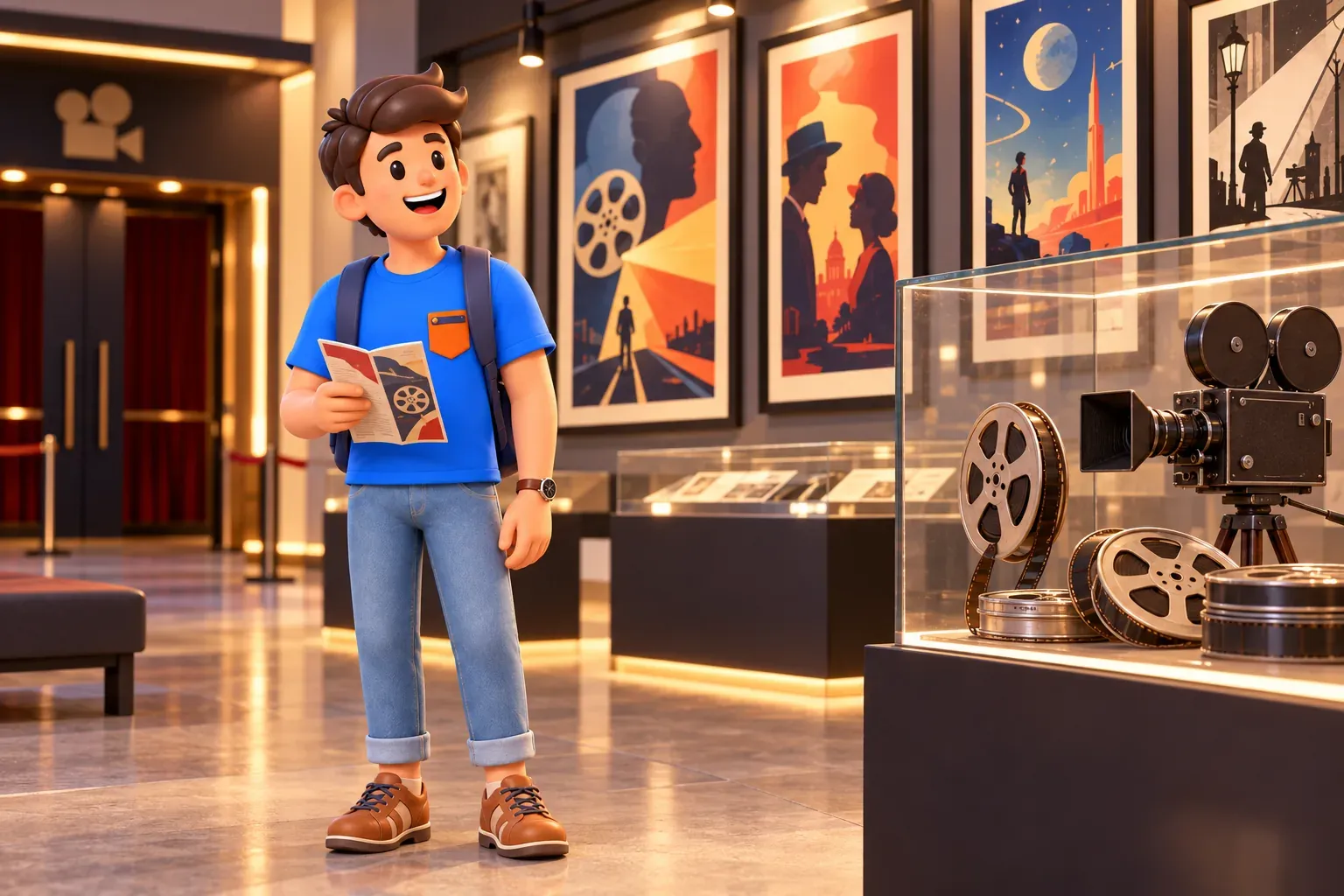 Un voyageur dans un foyer avec affiches et caméra de cinéma
