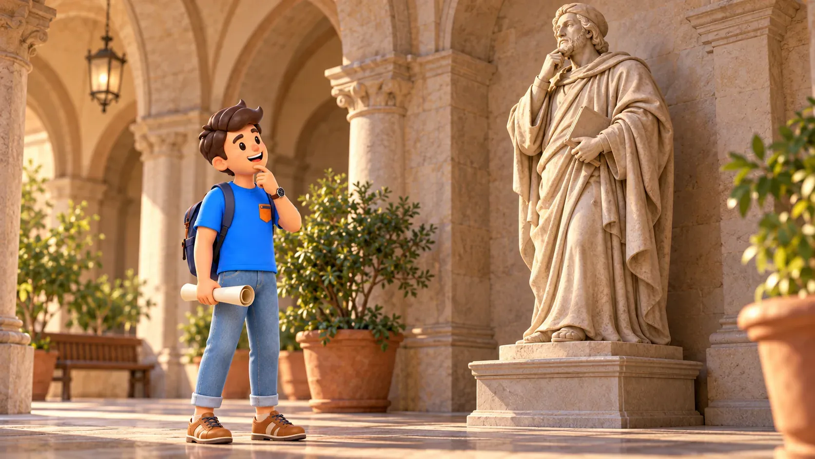 Illustration thématique : observation d’une sculpture imaginaire sous une arcade