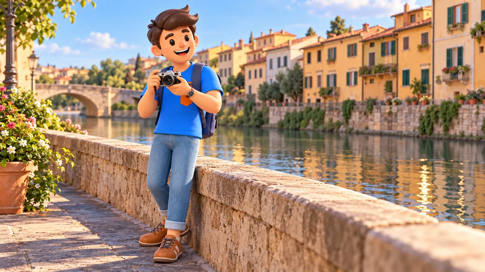 Illustration thématique : voyageur avec appareil photo près d’une rive imaginaire