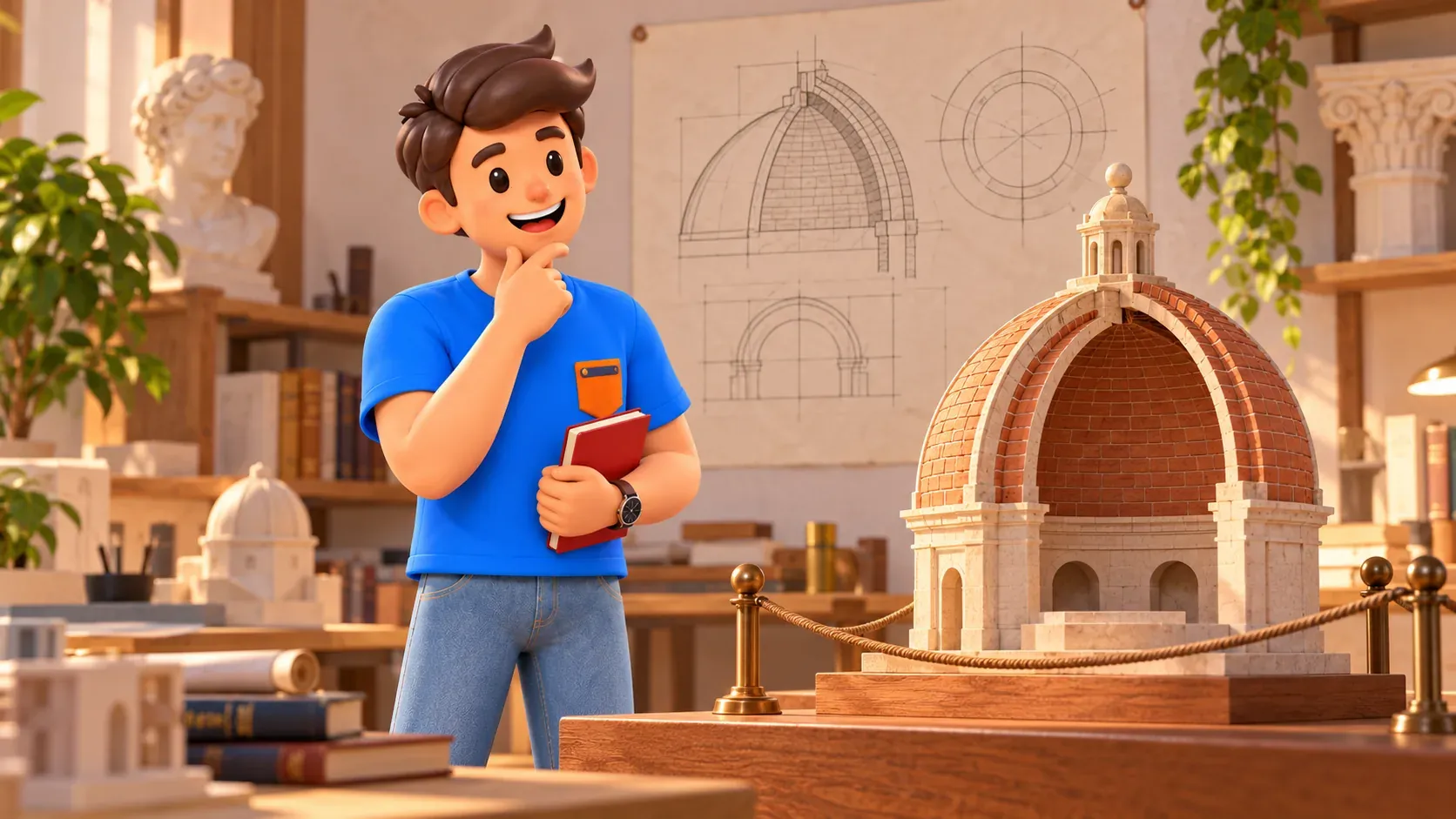 Illustration thématique : voyageur observant une maquette imaginaire de coupole