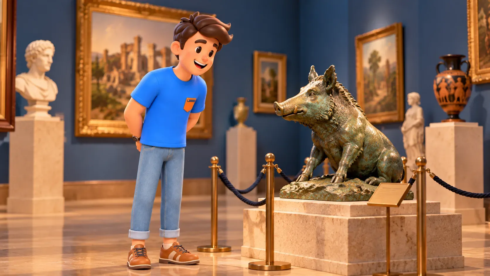Illustration thématique : observation d’une sculpture de bronze dans une galerie imaginaire