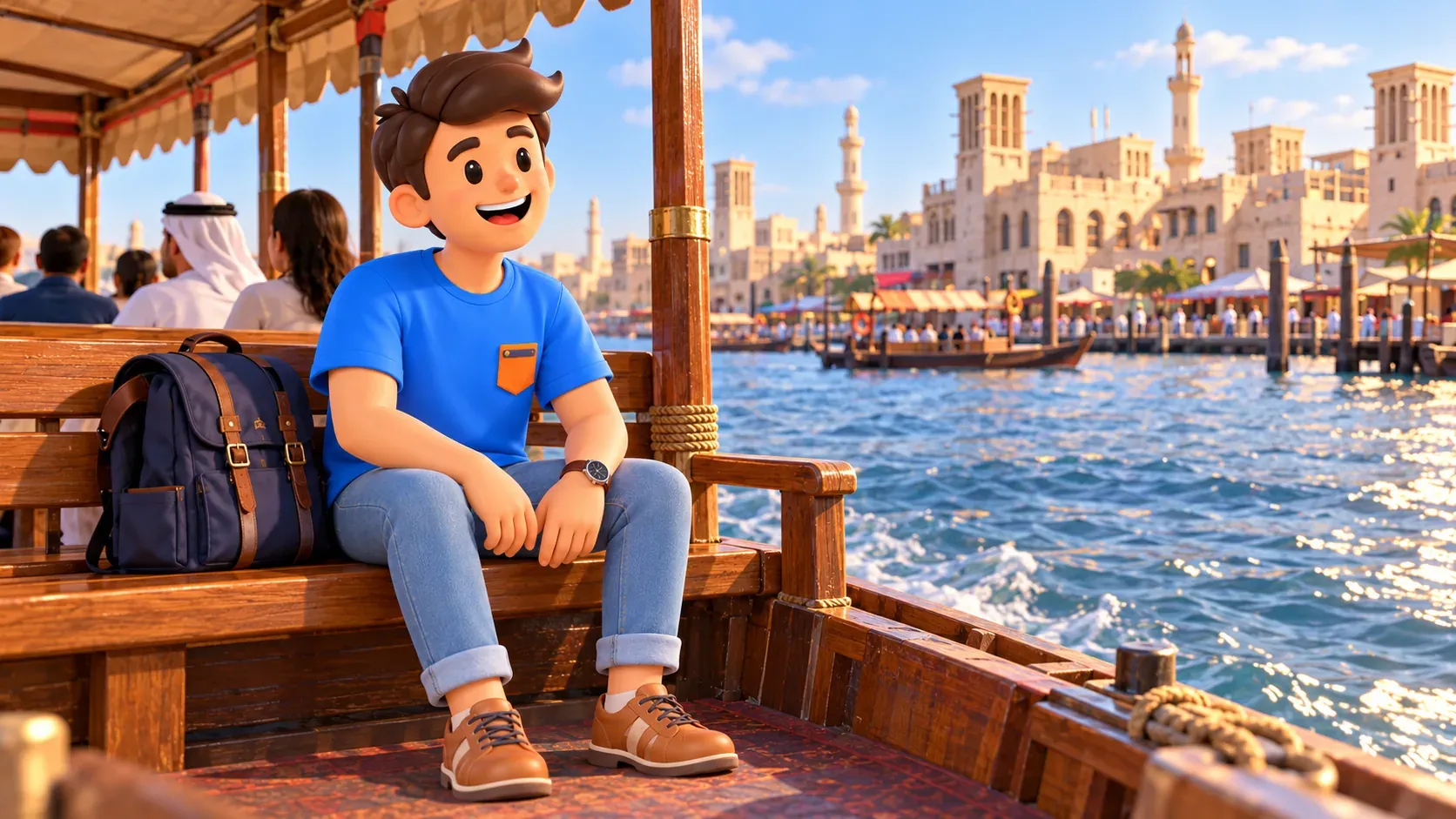 Reisender auf einer Holzabra bei der Überfahrt über den Dubai Creek